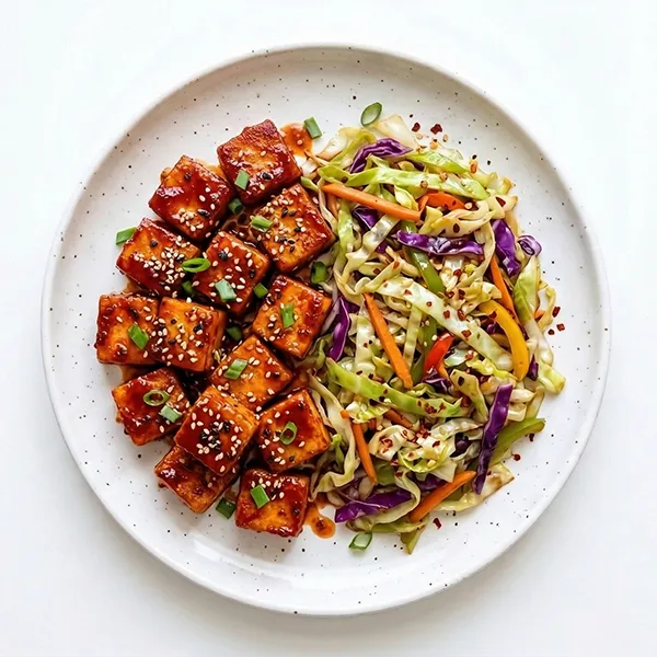Korean Chili-Glazed Tofu With Sesame Cabbage Stir